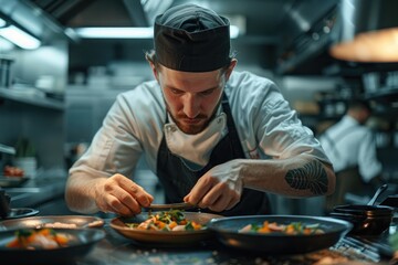 Chef meticulously plating a dish in a professional kitchen