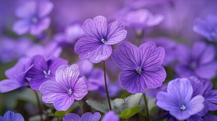 Close-up of vibrant violet flowers with detailed petals and a stunning deep purple hue.