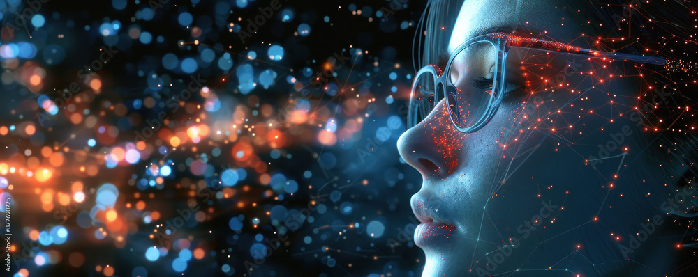 Poster a woman with glasses looking at a computer screen with a lot of dots. the dots are in different colo