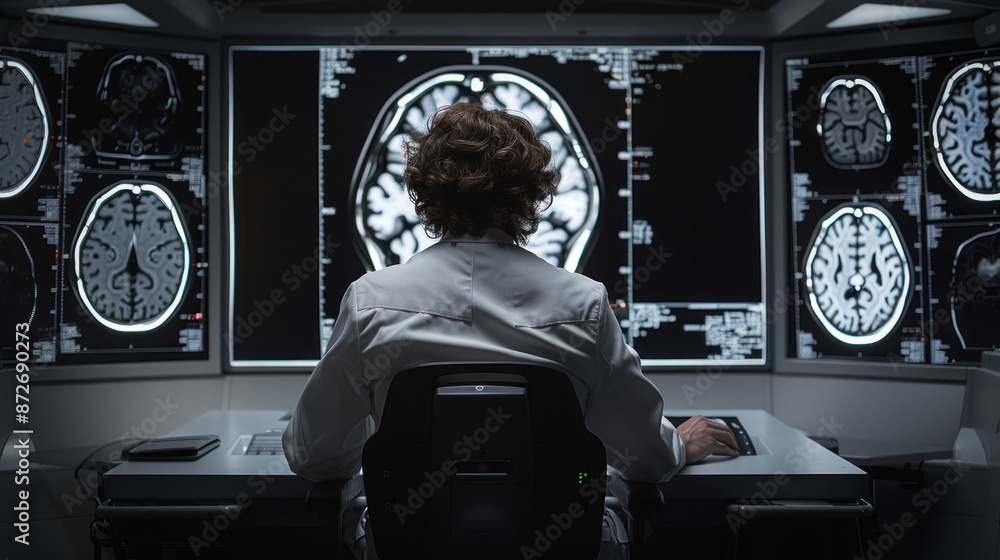 Poster a man is sitting in front of a computer monitor with a brain scan on it. he is wearing a white lab c
