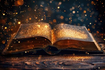 Open magical book with sparkling lights and dust creating a magical atmosphere.