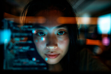 A close-up of a coder at a dimly lit workspace. Lines of code are visible on the screen, highlighting the coder’s intense focus and the complexities of programming.