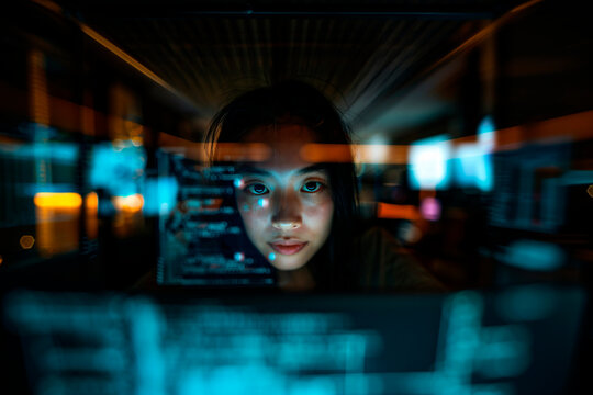 This image captures a person coding at night with a strong focus on the computer screen displaying lines of code, reflecting the dedication to programming and technology.