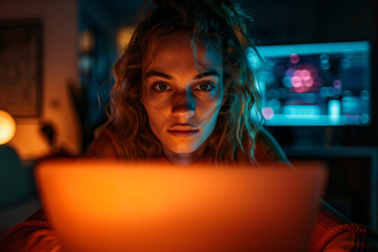 A woman with intense expression is illuminated by the laptop screen in a dimly lit room, with the blue glow of a computer screen visible in the background.