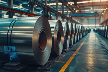 Fototapeta premium Rolls of galvanized steel sheet inside the factory or warehouse. Industrial production