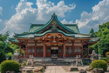 Traditional Japanese temple with colorful roof design.