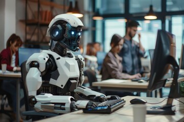 Obraz premium Futuristic robot working in a modern office setting.