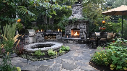 Stone gas fireplace in the garden in the outdoor kitchen