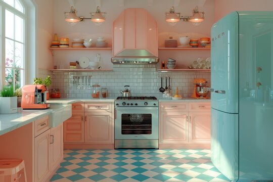 Retro kitchen with pastel colors and vintage fridge.