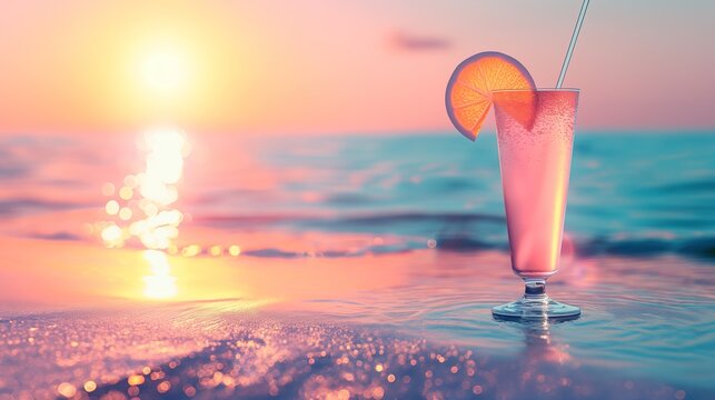 Refreshing Cocktail with Ice and Fresh Fruit in a Glass, Set Against a Beach Background, Ideal for Banners and Menus