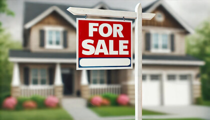 Obraz premium House for Sale Sign with Blank Space on Blurred Building Background, Real Estate Concept