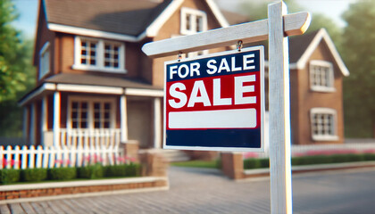 House for Sale Sign with Blank Space on Blurred Building Background, Real Estate Concept