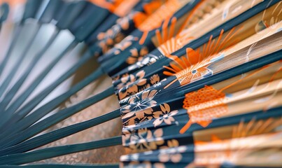 Obraz premium Close-Up of a Folding Fan with Orange and Blue Floral Pattern