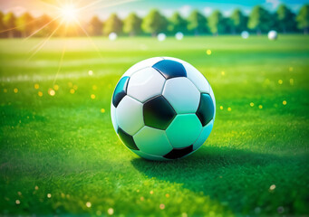 Fototapeta premium Soccer ball resting on green grass field. Generative AI. 
