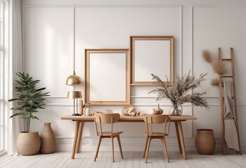 Mock up frame in home interior background, white room with natural wooden table and decor, 3d render