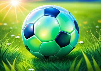 Fototapeta premium Soccer ball resting on green grass field. Generative AI. 