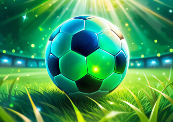 Fototapeta premium Soccer ball resting on green grass field. Generative AI. 