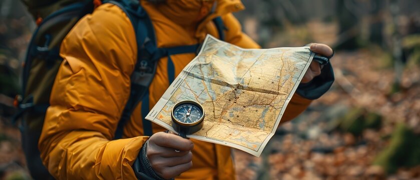Closeup of hikers hands holding map and compass for navigation skills in forest
