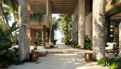 Luxurious hotel interior design, with limestone and concrete accents, nature aesthetic