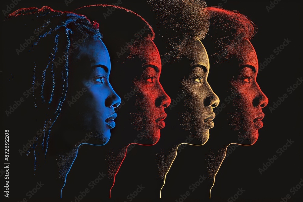 Poster abstract digital portrait of womens profiles blending together in red and blue hues symbolizing unit