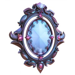 3D Render of an enchanted mirror with a glowing frame, on isolated white background, Generative AI