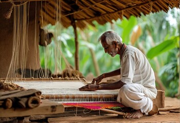 Traditional Indian weaver crafting on handloom in village settingries.