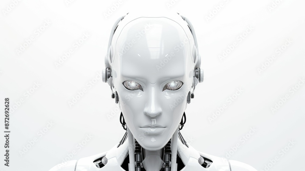 Poster smart android head close up with humanoid features. futuristic robot face concept with white sleek d