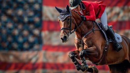 Naklejka premium A horse and rider soar over a blurred American flag background during a show jumping competition.