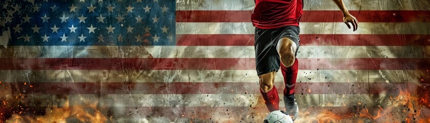 A soccer player kicking a ball in front of an American flag.