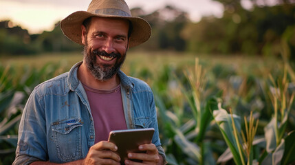 Fototapeta premium happy young farmer standing at farm and holding tablet