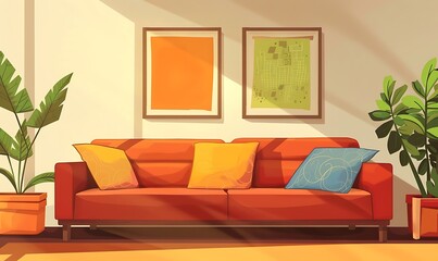 A Cozy Living Room with a Red Sofa and Sunbeams