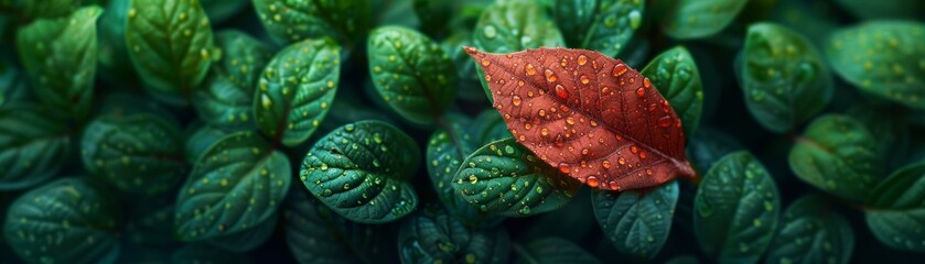 Single red leaf amidst a cluster of green leaves.