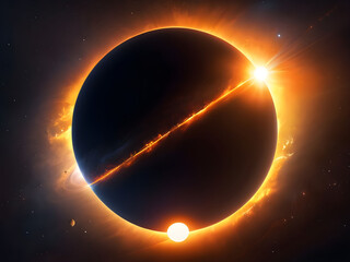 Obraz premium Sun and the Moon, cast a dark umbra on Earth, depicting the path of totality. The Sun, in radiant oranges and yellows, forms a stunning corona effect around the Moon