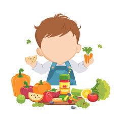 illustration captures a young child&rsquo;s mealtime experience. Seated at a table, the child wields a spoon, surrounded by an array of healthy foods