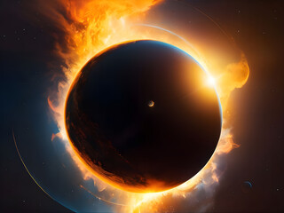 Fototapeta premium Sun and the Moon, cast a dark umbra on Earth, depicting the path of totality. The Sun, in radiant oranges and yellows, forms a stunning corona effect around the Moon