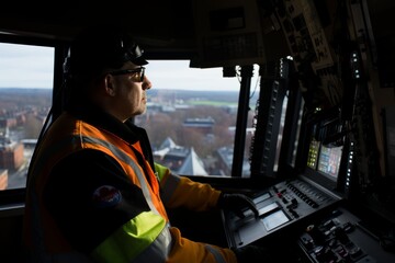 Crane operator skillfully operates a crane from inside the cabin ensuring clear visibility