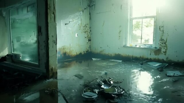 Abandoned room with water damage and scattered debris