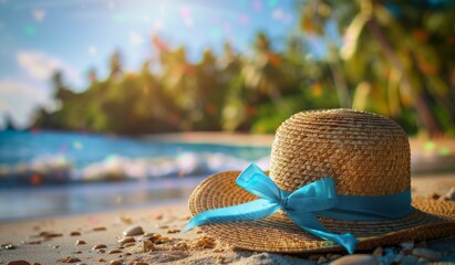 Focus shot of a straw hat on the beach, blurred background, scenic view, nature, beautiful photography