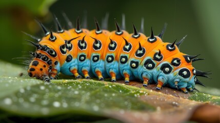 Fototapeta premium A large, colorful caterpillar is crawling on a leaf. Generate AI
