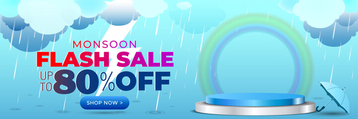 Rainy day background with Monsoon Flash Sale offer banner.