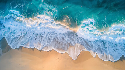 Obraz premium Aerial view of ocean waves crashing onto sandy beach.