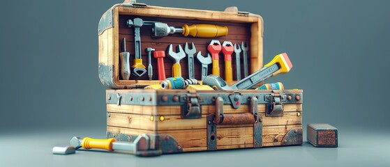 A captivating 3D model of a toolbox with various tools representing different skills and knowledge sets ,3D style 