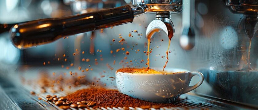 Barista competition: High res image showcasing the skills of competing baristas in coffee culture, with glossy backdrop Photo Stock Concept