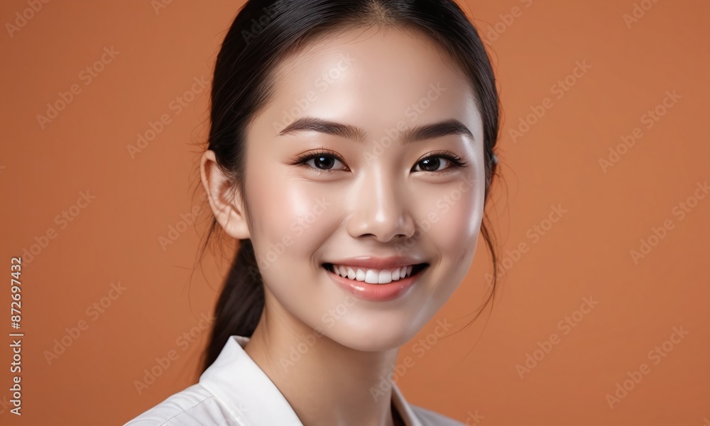 Wall mural Close up portrait happy young Asian girl with clean and fresh facial skin isolated on orange background.