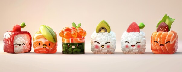 Fototapeta premium A row of cartoon sushi rolls with smiling faces on them. Free copy space.