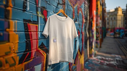 Obraz premium White T-shirt Hanging on Graffiti Wall - Generative AI