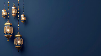 group of Ramadan lanterns hanging blue background