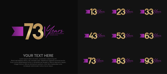 anniversary logotype set. gold number and purple ribbon for celebration