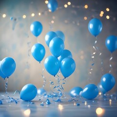 Blue party balloons with bokeh lights background for birthday, wedding, anniversary, holiday or celebration