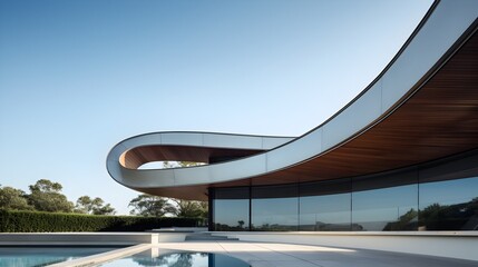 Sleek and Streamlined Modern Architectural Facade with Curved Glass and Steel Elements